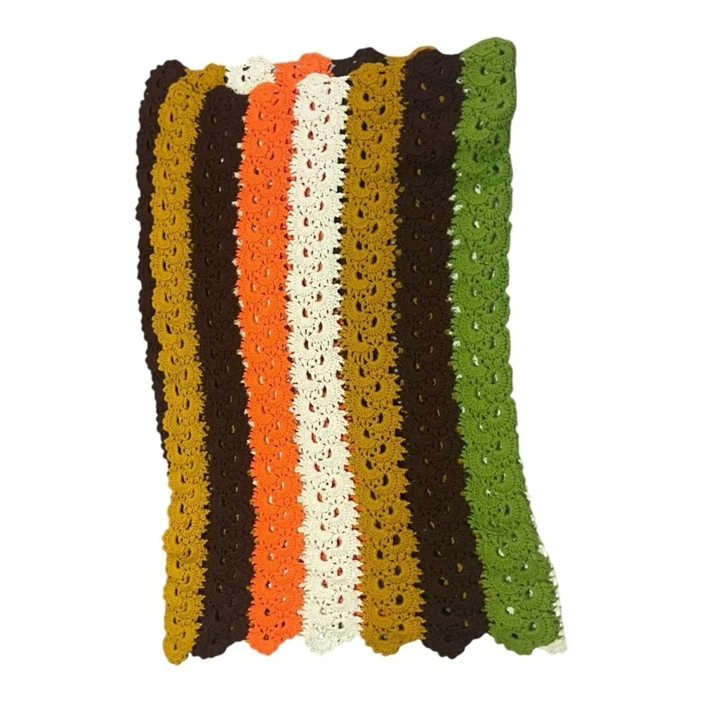 Vintage Handmade Retro Color Afghan Blanket Orange Rust Mushroom